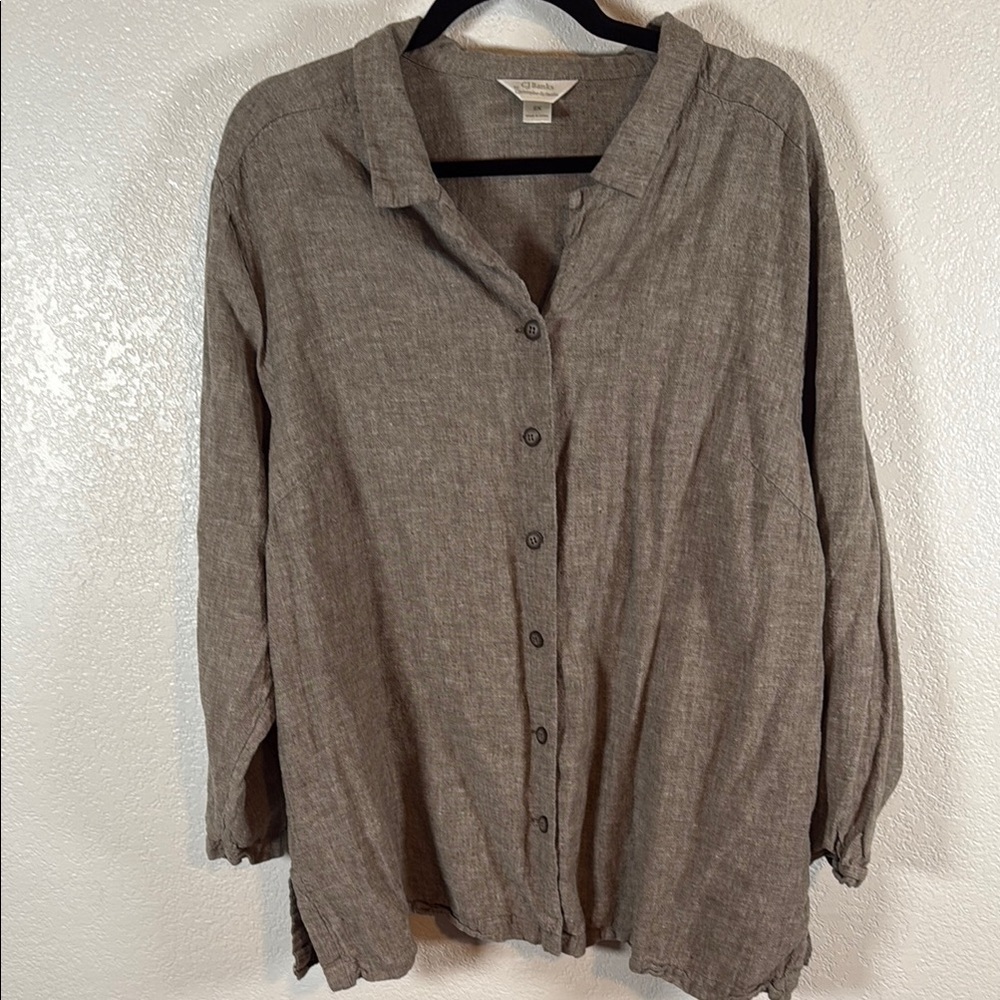 CJ Banks Taupe Linen Blend Button Down Over Shirt Size 2X